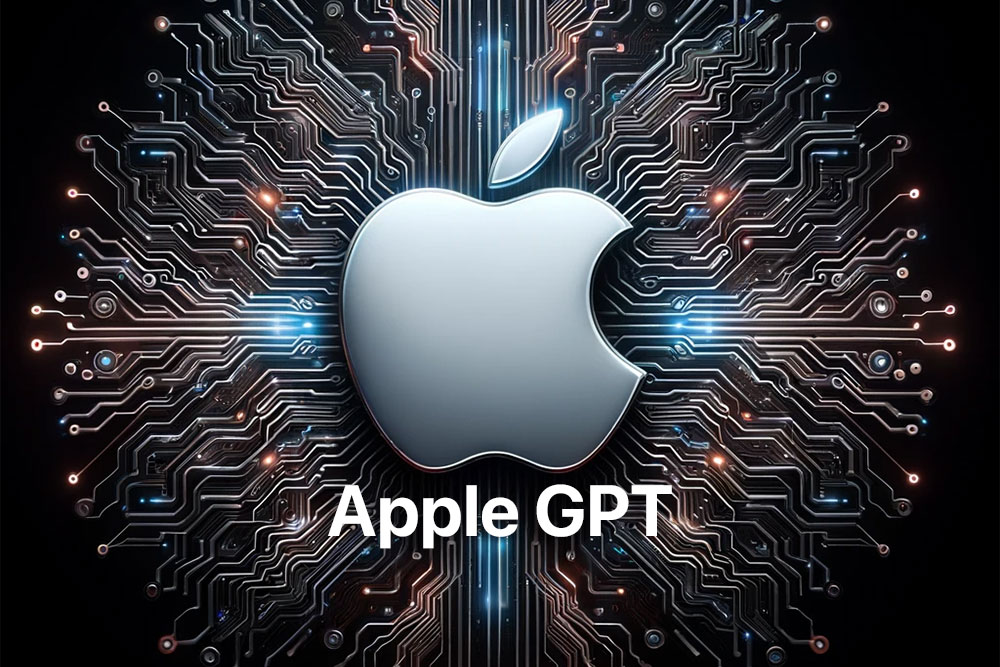 Das Bild zeigt das Apple-Logo vor einem Hintergrund aus komplexen elektronischen Schaltkreisen als Symbol für Apple AI. Unter dem Logo ist 