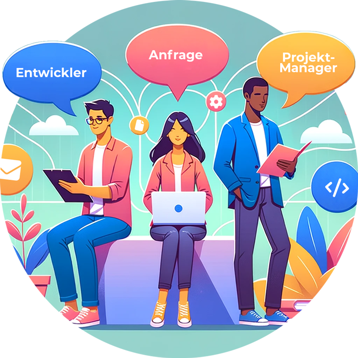 Illustration einer Shopware Agentur mit Entwickler, Anfrage und Projekt-Manager, die in einer bunten, digitalen Umgebung arbeiten.