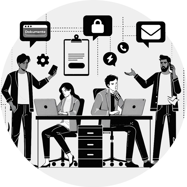 Monochromatische Darstellung einer Shopware Agentur bei der Arbeit, einschließlich Teammitglieder, die an Computern arbeiten, Dokumente diskutieren und Kommunikationssymbole anzeigen.