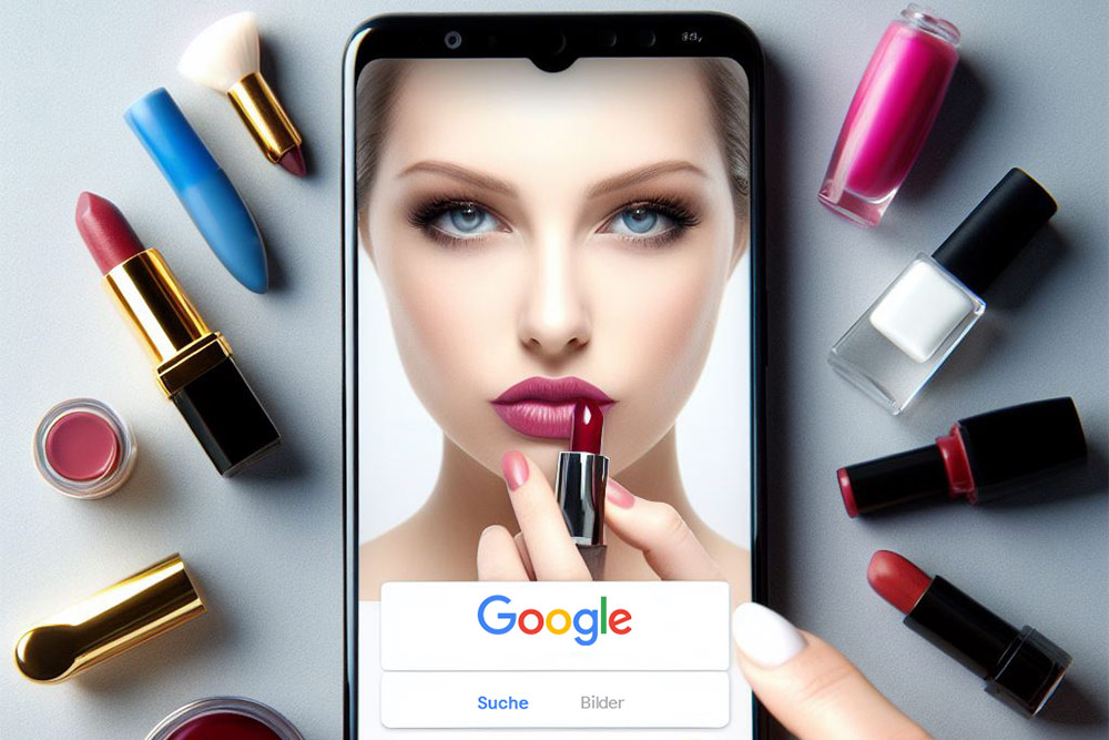 Ein Smartphone zeigt eine Frau mit markantem Make-up auf dem Bildschirm, umgeben von verschiedenen Kosmetikprodukten. Das Display verfügt über eine Google-Suchleiste, die auf die Funktion für virtuelles Ausprobieren hinweist.