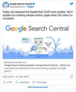 Auf dem Bild ist der Tweet zum Thema Google Helpful Content update zu sehen