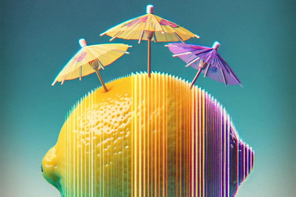 Künstlerische Darstellung eines Zitronenobjekts mit Regenschirmverzierungen unter Googles 'Über dieses Bild'-Analyse, wobei digitale Streifen von der Zitrone herabfließen.