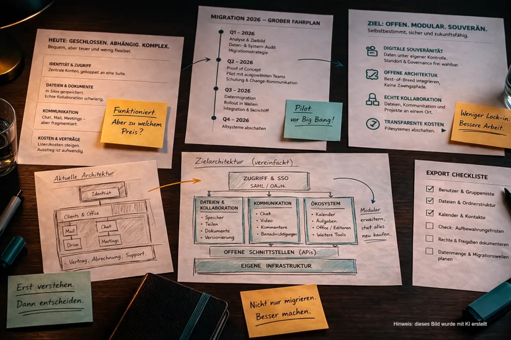 Bild zeigt einen Schreibtisch mit vielen Notizen zum Thema Migration von Microsoft Officde 365 zu Nextcloud. Es sind viele Diagramme und Schemata zu sehen.