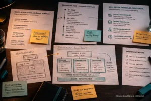 Bild zeigt einen Schreibtisch mit vielen Notizen zum Thema Migration von Microsoft Officde 365 zu Nextcloud. Es sind viele Diagramme und Schemata zu sehen.