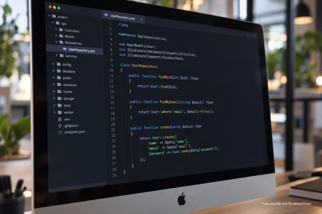 Nahaufnahme eines Apple Cinema Displays mit PHP-Code in einem Editor und unscharfem Agenturhintergrund.