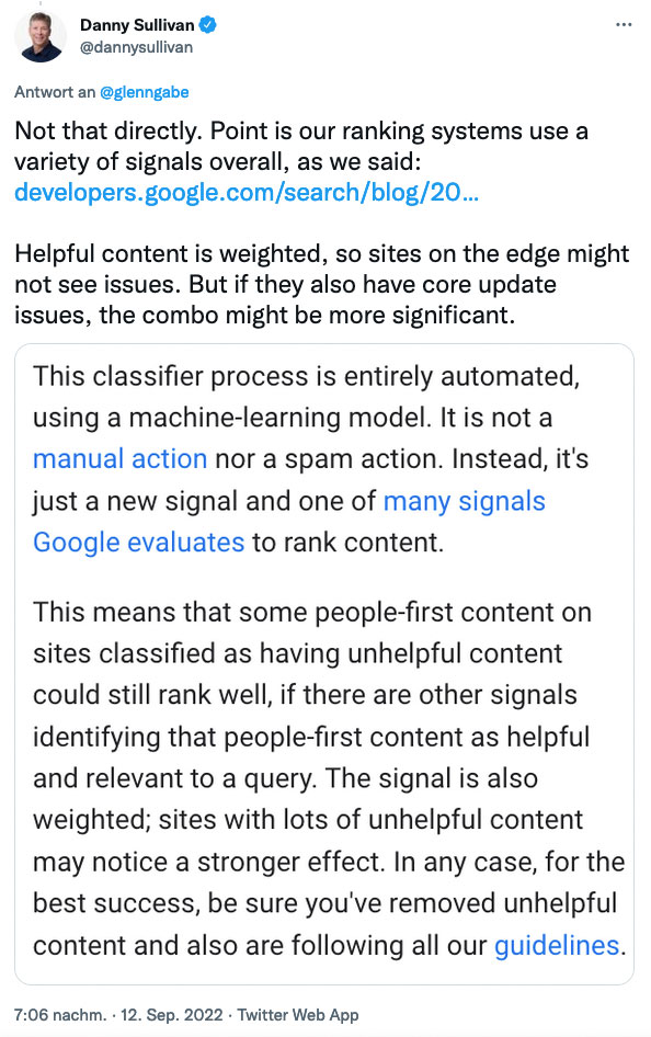 Auf dem Bild ist der Tweet von Danny Sullivan zum Thema Google Core Update zu sehen