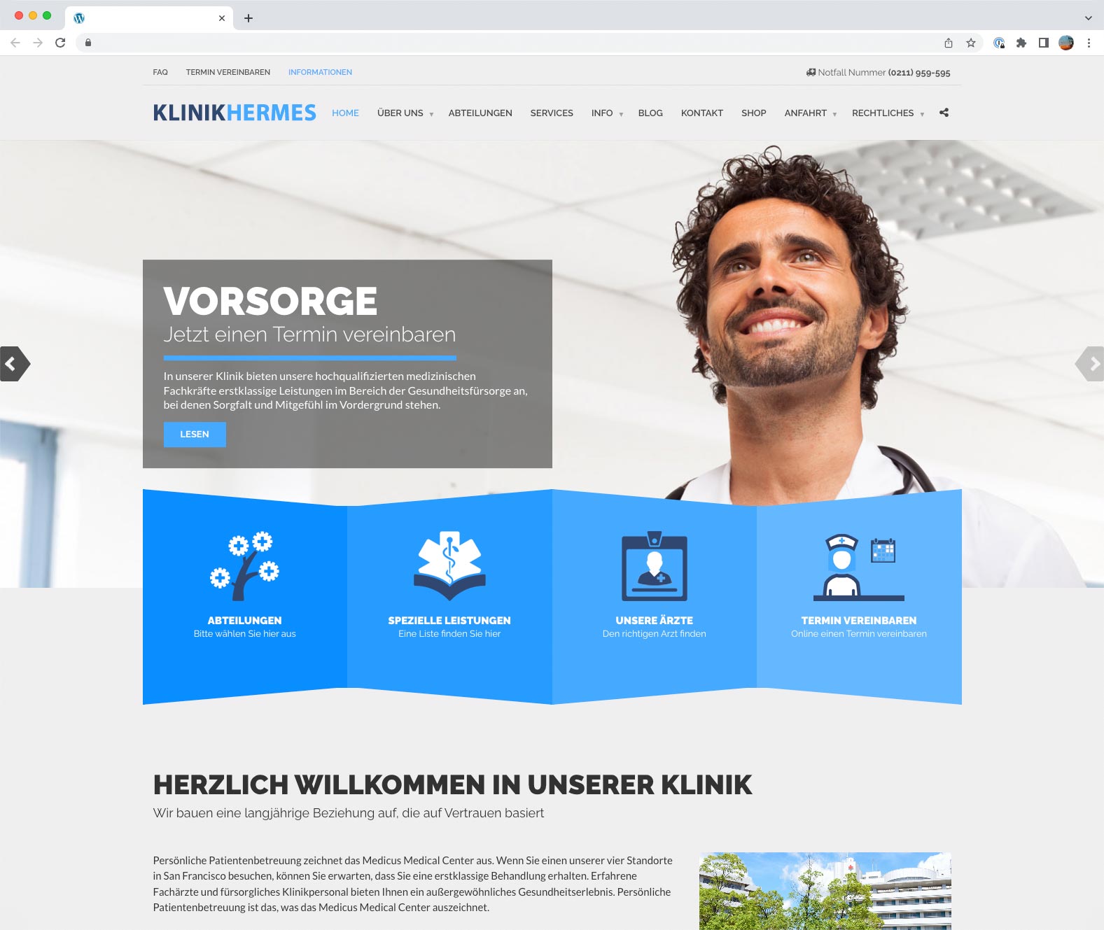 Bild zeigt ein Klinik Homepage-Design Layout für Kliniken mit einem Arzt