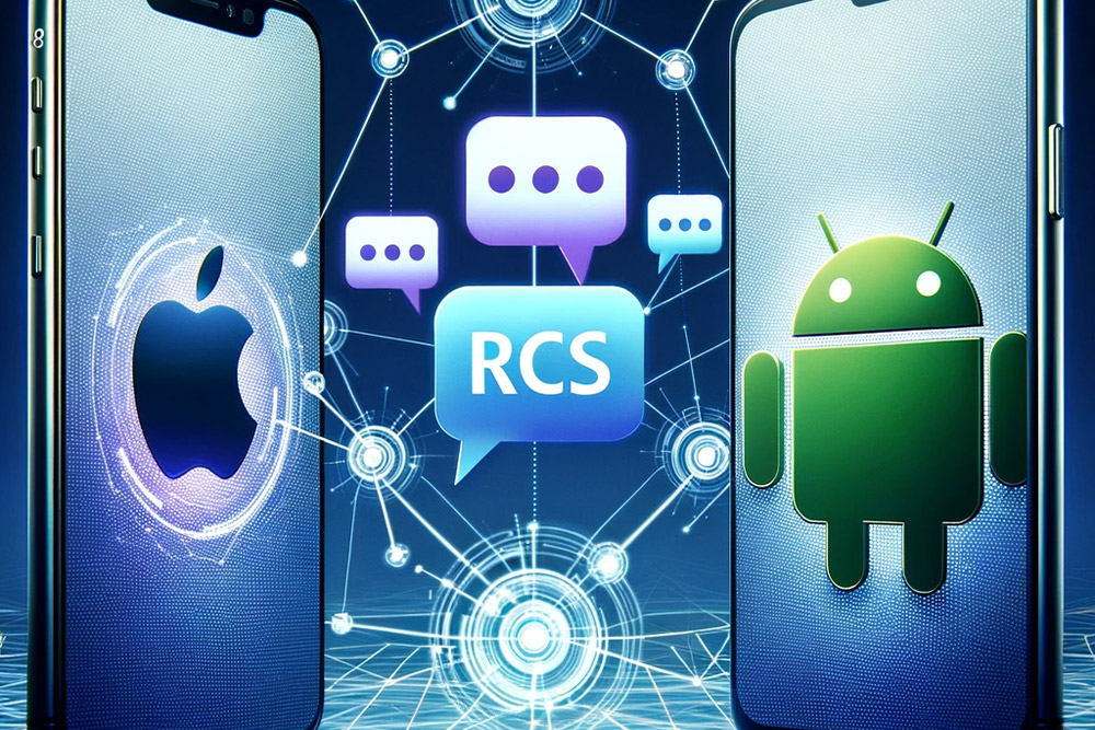 Zwei Smartphones, ein iPhone und ein Android, stehen einander gegenüber mit schwebenden Chatblasen und dem RCS-Logo dazwischen, symbolisierend die Apple RCS-Integration für verbesserte Kommunikation.