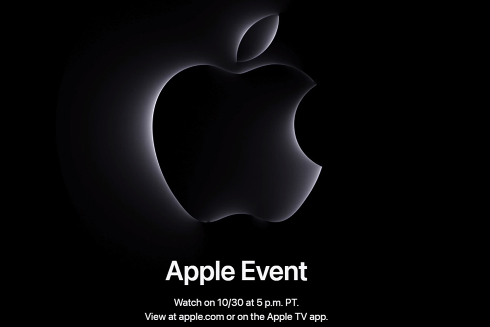 Promotionbild für Apple's Scary Fast Event mit einem stilisierten schwarzen Apple-Logo auf dunklem Hintergrund.