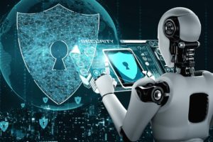 Das Bild zeigt einen Roboter mit einem futuritischen Tablet in der Hand, als Symbol von Bot-Schutz für Websites