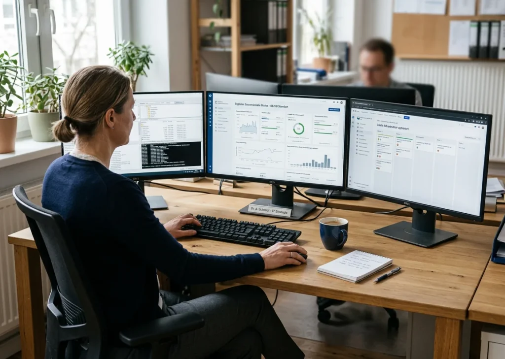 Büroalltag mit zwei Personen an PC's. Die digitale Souveränität wurde erfolgreich durchgeführt. Man sieht auf den Bildschirmen, dass alles EU konform umgesetzt wurde.