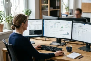 Büroalltag mit zwei Personen an PC's. Die digitale Souveränität wurde erfolgreich durchgeführt. Man sieht auf den Bildschirmen, dass alles EU konform umgesetzt wurde.