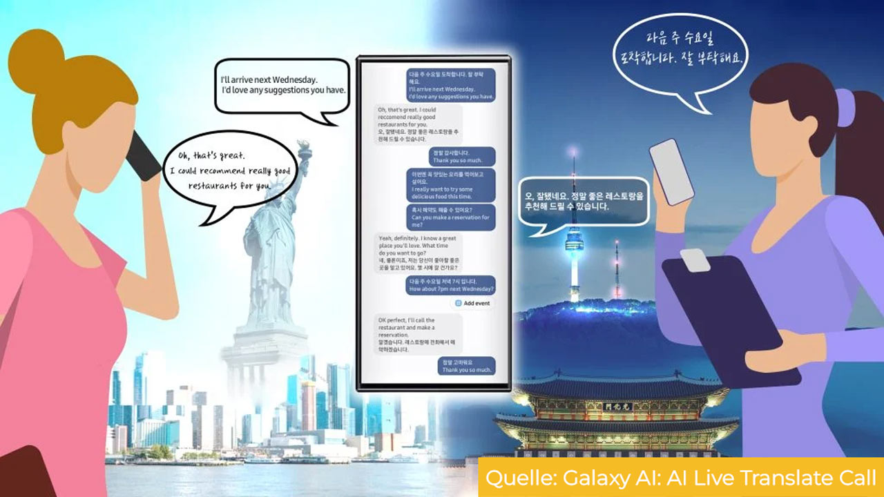 Illustration der Echtzeit-Sprachübersetzung mittels Galaxy AI: Eine Frau in New York sendet eine Nachricht auf Englisch, die auf dem Handy einer Frau in Seoul auf Koreanisch angezeigt wird.