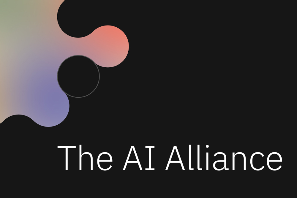 Ein abstraktes Thumbnail mit organischen Überlappungsformen in Schwarz, Orange und Blau mit dem Text "The AI Alliance" in Weiß auf schwarzem Hintergrund.