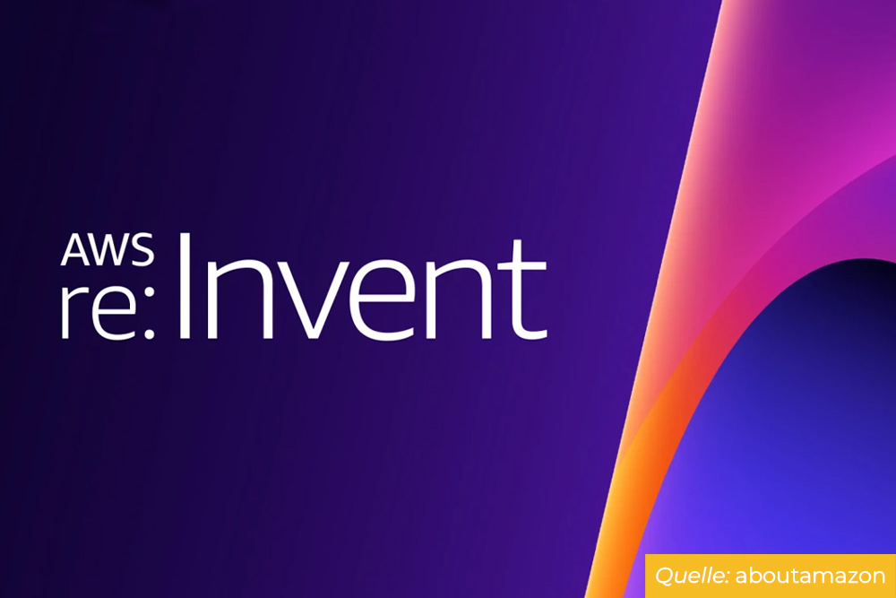 Logo der AWS re:Invent Konferenz mit farbenfrohem Design auf dunklem Hintergrund, Quelle: aboutamazon.