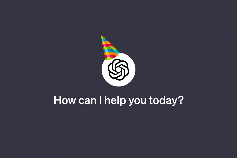 Logo von ChatGPT mit einer bunten Geburtstagspartyhut-Illustration zu seinem ersten Geburtstag, begleitet von der Frage 'How can I help you today?'