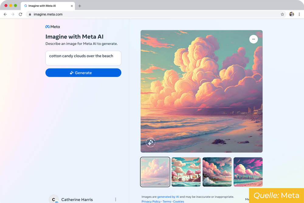 Ein Benutzerinterface von Meta AI's Bildgenerator, der aufgrund der Eingabe "cotton candy clouds over the beach" ein beeindruckendes Bild von pastellfarbenen Wolken über einem Strand erzeugt hat, als Teil der Meta AI Neuerungen zum Jahresende.