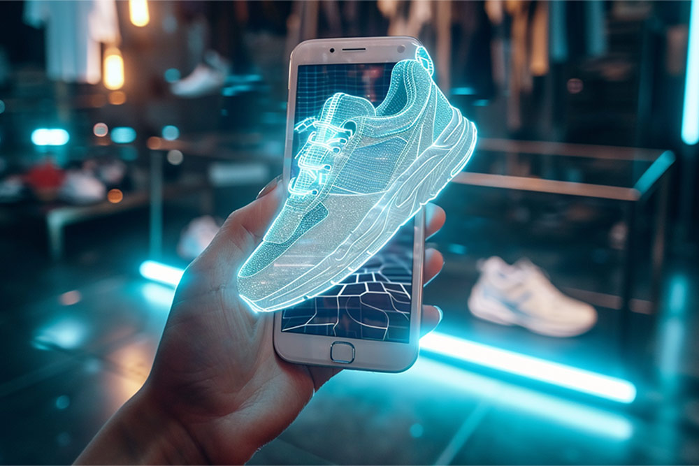 Ein digitales 3D-Modell eines Schuhs erscheint über einem Smartphone in einer Augmented-Reality-Anwendung, symbolisch für die innovativen E-Commerce Trends 2024.