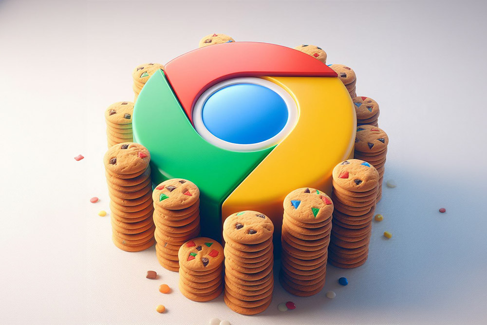 Das Logo von Google Chrome, umgeben von Stapeln von Cookies, symbolisiert die Handhabung von Google Chrome Cookies im digitalen Datenschutz.