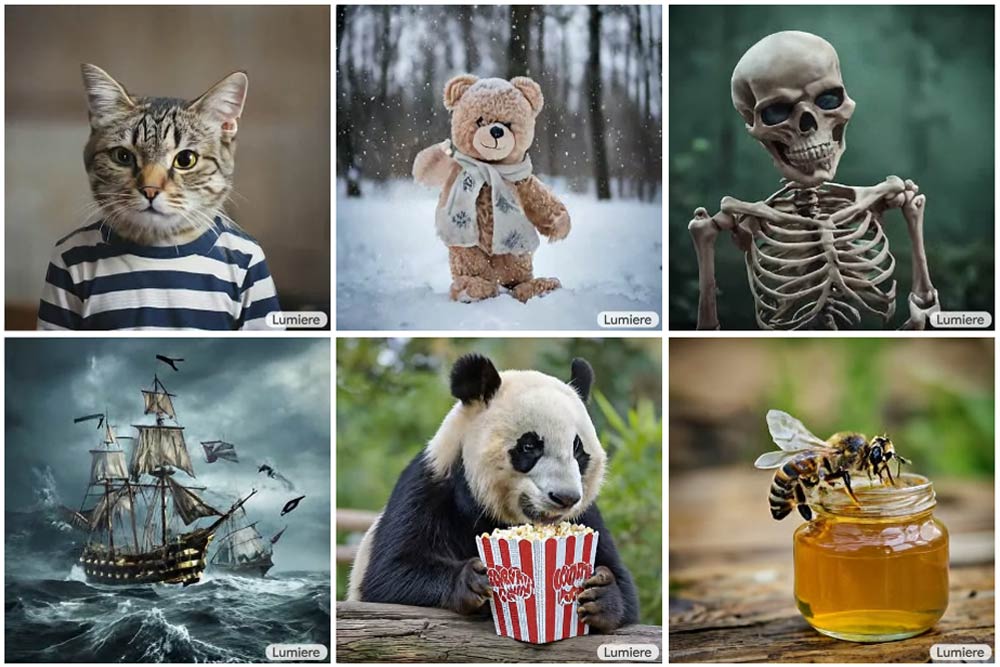 Eine Collage von sechs durch KI generierten Bildern, die unwahrscheinliche Szenarien darstellen: eine Katze in einem gestreiften Shirt, ein Teddybär im Schnee, ein tanzendes Skelett, ein Segelschiff in stürmischer See, ein Panda, der Popcorn isst, und eine Biene auf einem Honigglas.