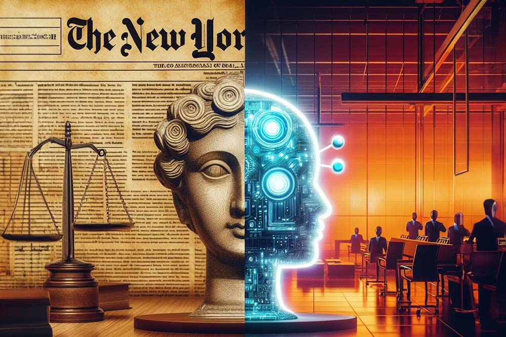 Eine Collage mit einer klassischen Justizstatue und einer Ausgabe der New York Times auf der einen Seite und einer futuristischen Darstellung eines KI-Roboterprofils im Gerichtssaal auf der anderen, symbolisch für die Auseinandersetzung um das Urheberrecht im Bereich der KI.