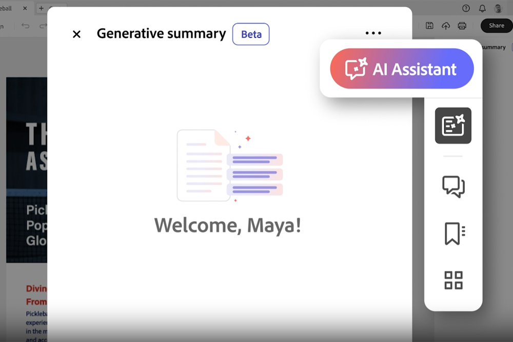 Screenshot der Benutzeroberfläche von Adobe mit dem neuen AI Assistant Feature, welches eine generative Zusammenfassung in der Betaversion anbietet, mit einer Begrüßungsnachricht 'Welcome, Maya!"