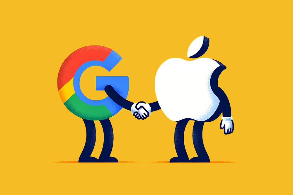 Ein Cartoon von stilisierten Figuren, die die Logos von Google und Apple als Körper haben und sich die Hand schütteln als Symbol für ihre Partnerschaft, auf einem gelben Hintergrund.