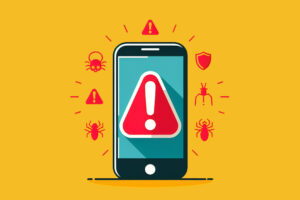 Ein iPhone zeigt ein Achtungssymbol auf dem Bildschirm, umgeben von Spyware-Symbolen und einem Schutzschild – eine visuelle Warnung vor dem iPhone Spyware Angriff.