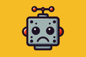 Enttäuschter Chatbot mit traurigem Gesichtsausdruck vor gelbem Hintergrund – Ein Symbol für die Chatbots Enttäuschung in der KI-Technologie.