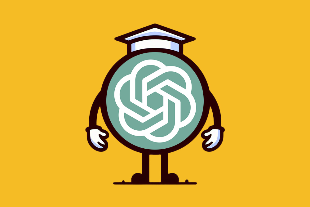 Eine Illustration des ChatGPT Logos verkleidet als Leherer auf einem gelben Hintergrund. Dies ist symbolisch für den ChatGPT Prompt Guide.