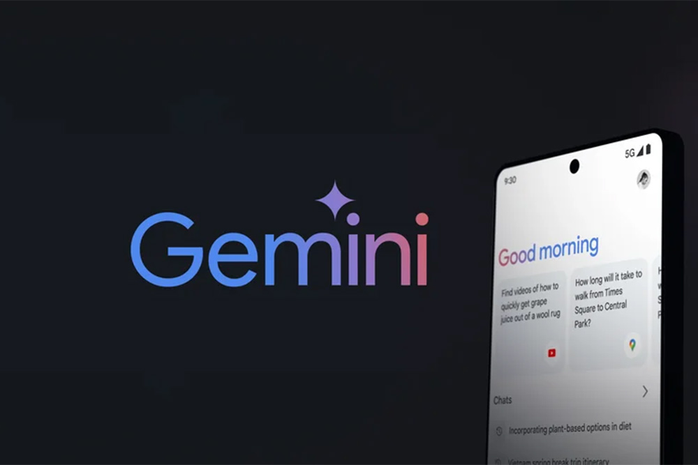 Das Logo von Gemini in leuchtendem Blau neben einem Smartphone mit einem Display, das eine KI-basierte Chat-Oberfläche zeigt, mit der Begrüßung 'Guten Morgen' und verschiedenen interaktiven Chat-Optionen.