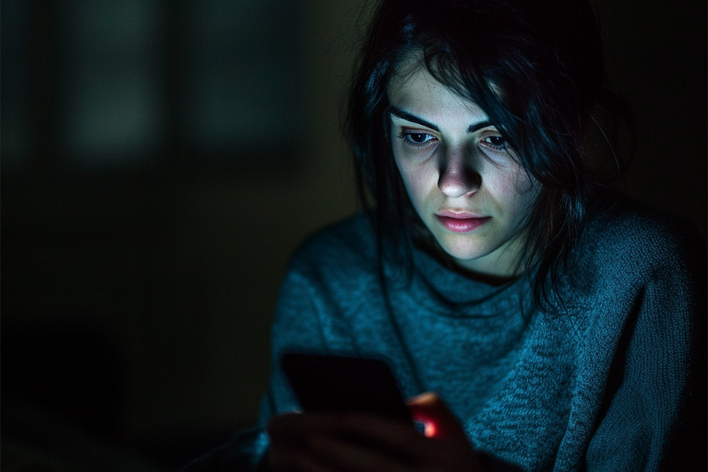 Frau schaut nachdenklich auf ihr Handy in einem dunklen Raum, Symbolbild für die Bedeutung von Privatsphäre in der AI Ära.