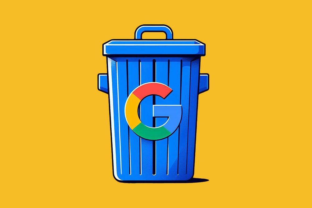 Ein blauer Müllcontainer mit dem Logo von Google darauf, symbolisiert die Maßnahmen von Google gegen KI Inhalte.