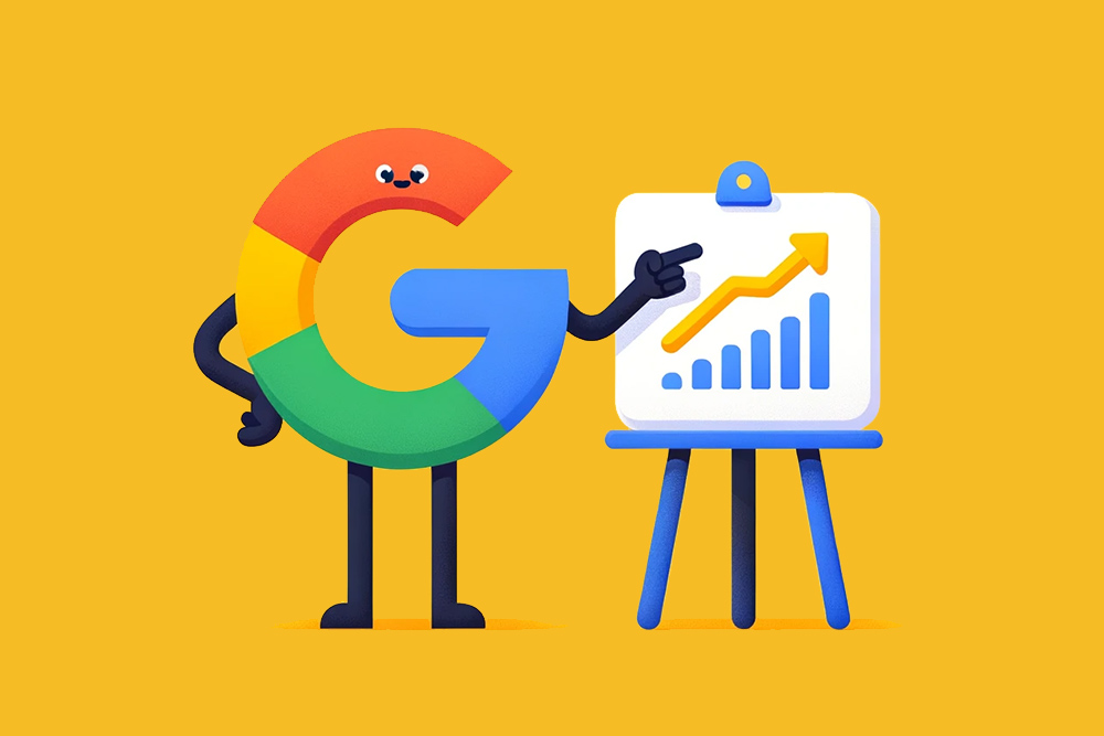 Freundlicher Google-Logo-Charakter zeigt auf ein Diagramm mit aufwärtsgerichtetem Trend auf einem Grafikboard, symbolisiert die Grundlagen der Suchmaschinenoptimierung SEO.