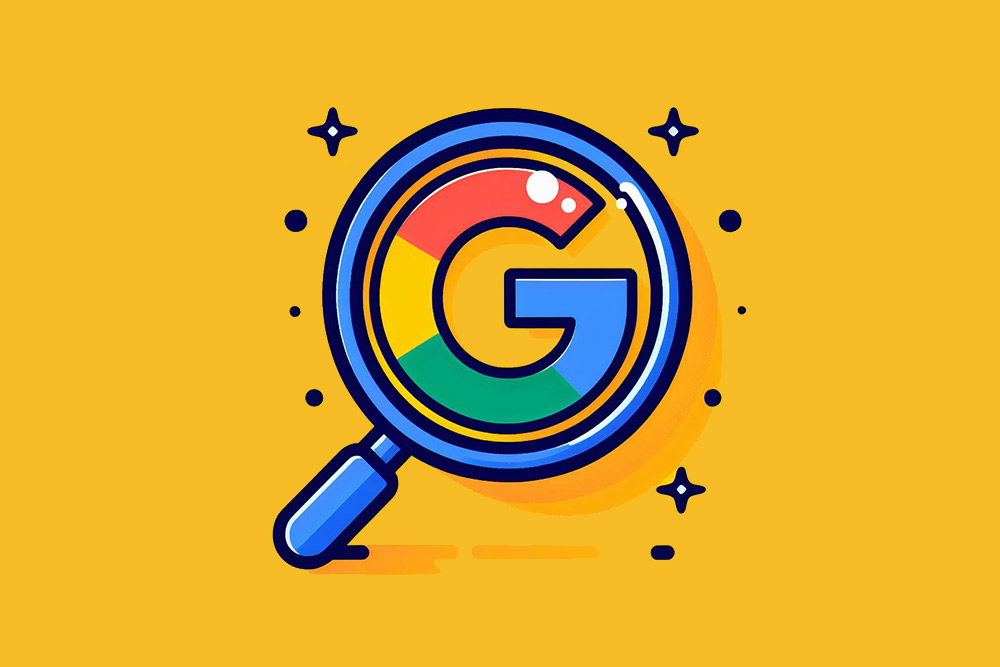 Illustration eines farbenfrohen Google-Logos unter einer Lupe auf gelbem Hintergrund, symbolisiert die Suche nach neuen Google SEO Regeln.