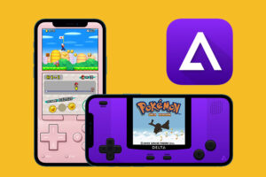 Ein iPhone, das einen klassischen Super Mario-Spielbildschirm anzeigt, neben einem lila Smartphone, das Pokémon Gold zeigt, beide umgeben von einem orangefarbenen Hintergrund mit dem Delta Logo in der oberen rechten Ecke. Ideal für Spieler, die lernen möchten, Nintendo-Spiele auf dem iPhone zu spielen.