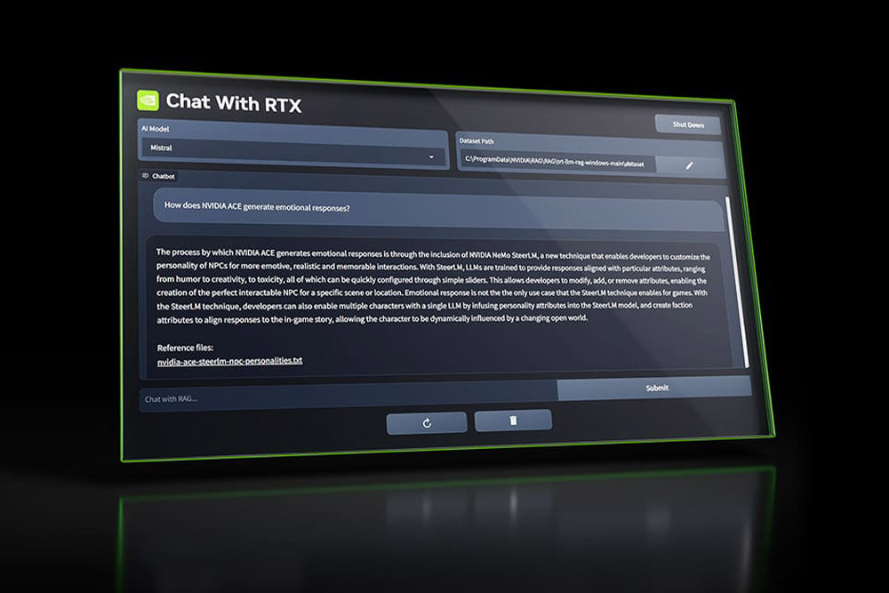 Benutzeroberfläche des 'Chat With RTX' Chatbot von NVIDIA, hervorgehoben durch grüne Akzente, zeigt ein Textfeld für Benutzeranfragen und das Antwortfeld des Bots, mit einem Beispiel für eine emotionale Antwortgenerierung.