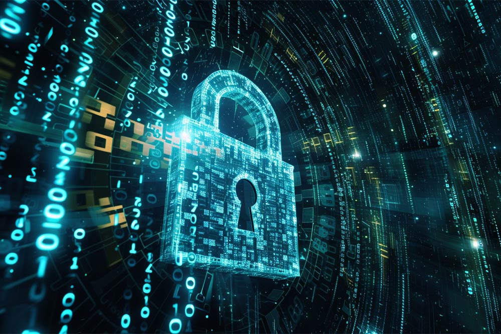 Ein digitales Vorhängeschloss in blauem und grünem Cyberspace, umgeben von Datenströmen und Lichtpunkten, symbolisiert Cyber-Sicherheit für Sicherheitshinweise 2024.