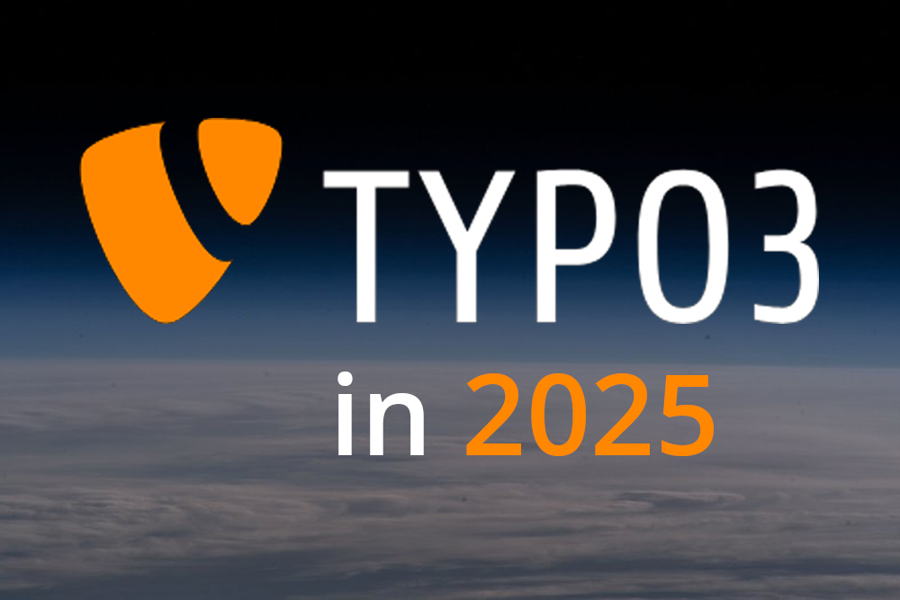 Das orange TYPO3-Logo schwebt vor einer dunkelblauen Erdatmosphäre, daneben steht in weißer und oranger Schrift ‚TYPO3 in 2025‘.