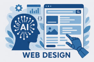 Illustration zum Thema KI im Webdesign: Ein stilisierter menschlicher Kopf mit neuronalen Netzwerken, umgeben von Webdesign-Elementen wie Benutzeroberflächen, Codefragmenten und einem Roboterarm – symbolisiert die Integration künstlicher Intelligenz in moderne Designprozesse.