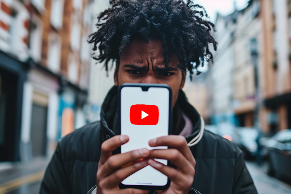 Ein besorgter junger Mann blickt auf sein Smartphone, auf dessen Bildschirm das YouTube-Logo zu sehen ist, während er möglicherweise mit langsamen Ladezeiten aufgrund der Nutzung eines Ad-Blockers konfrontiert ist.