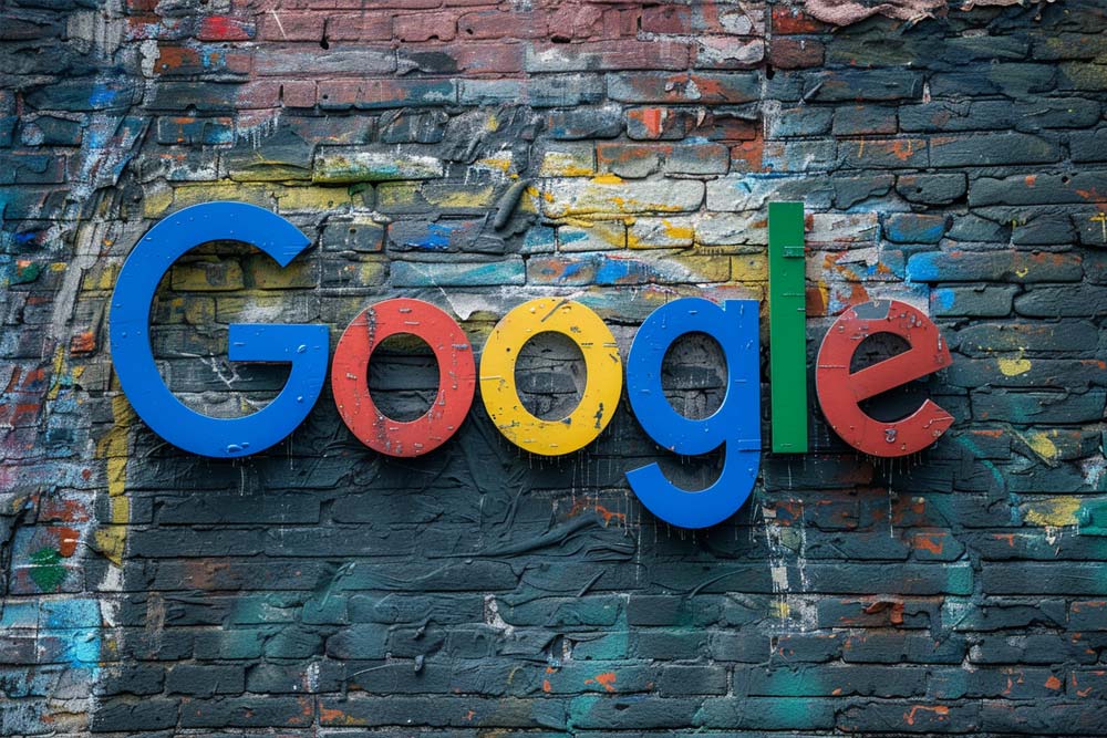 Das Google-Logo in bunten Buchstaben auf einer Ziegelwand mit abblätternder Farbe. Das Bild ist erstellt mit KI, symbolisch für die Google Gemini Bildgenerierung.