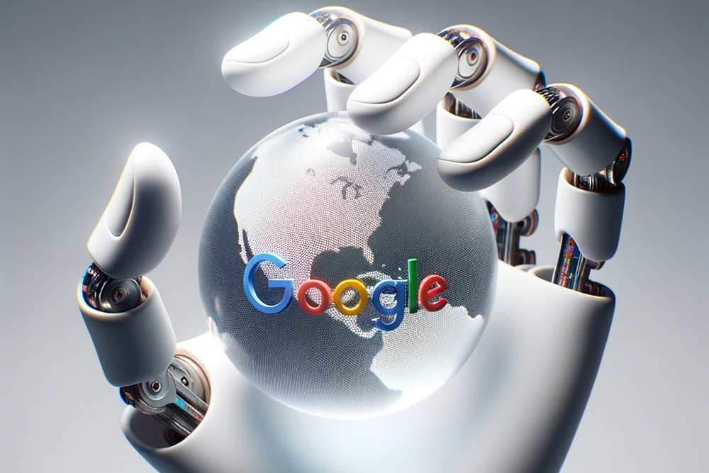 Das Bild zeigt eine Roboter Hand, die eine Erdkugel mit dem Google-Logo hält, dies symbolisiert Google AI's globale Präsenz.