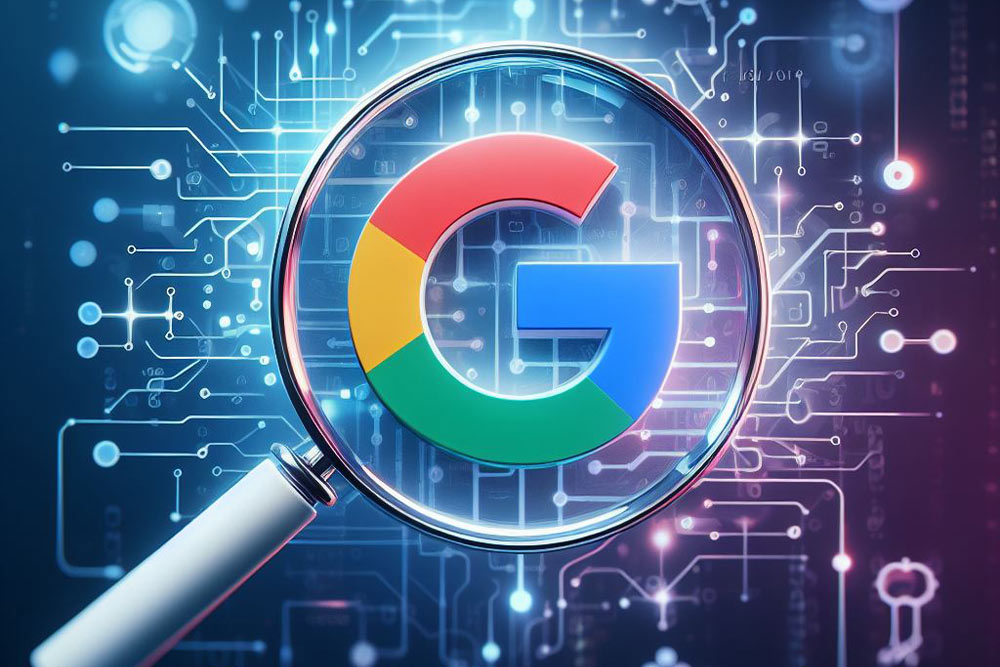Illustration eines Vergrößerungsglases, das auf das Google-Logo fokussiert, mit digitalen Schaltkreisen und Algorithmen im Hintergrund, symbolisch für Googles AI Suche.