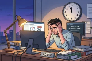 Bild zeigt einen frustrierten IT-Mitarbeiter, dessen Zeit abläuft, weil er die Umstellung von Microsoft 365 zu OpenSource Lösungen zu spät angegangen ist.