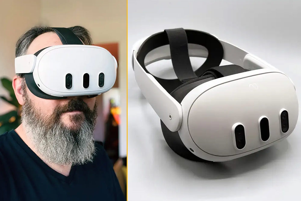 Ein Mann mit Bart trägt das VR-Headset Meta Quest 3, neben ihm ist eine Nahaufnahme des Headsets.