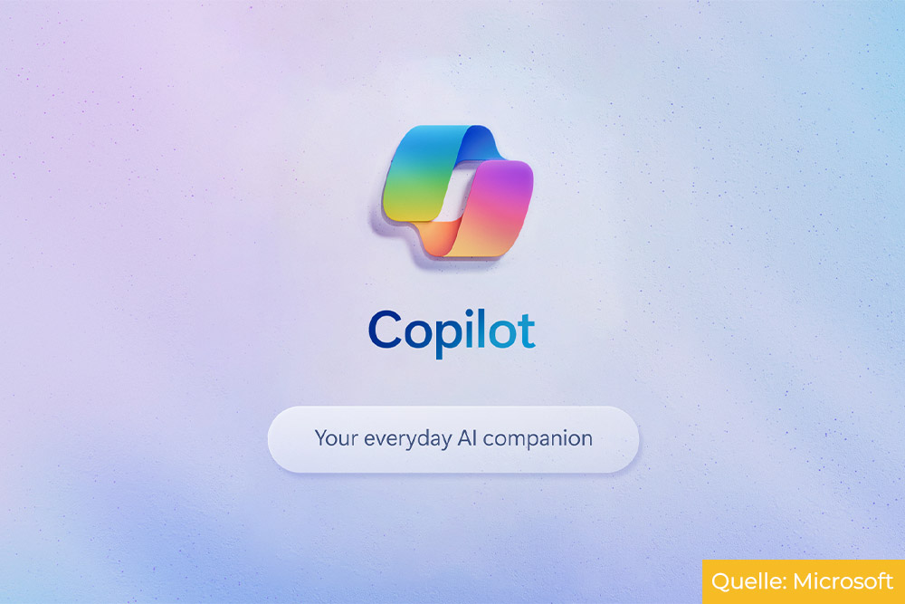 Das Logo von Microsofts 'Copilot', dargestellt als farbenfrohes Farbverlaufssymbol auf einem pastellfarbenen, texturierten Hintergrund, mit dem Untertitel 'Dein täglicher KI-Begleiter', dies symbolisiert die Eindung von Copilot in Bing.