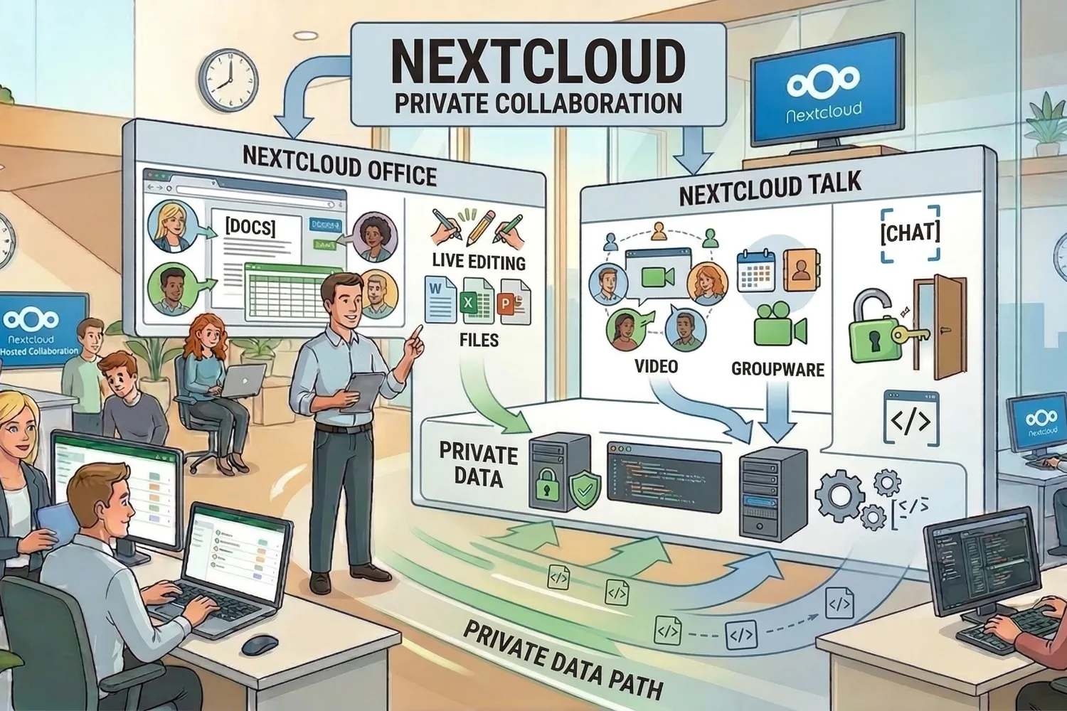 Bild zeigt, wie einfach es ist, Nextcloud zu integrieren und als eine sinnvolle Alternative zu Microsoft 365 im Unternehmen oder in Institutionen zu installieren. Der Ablauf bzw. Übergang wird detailliert und strukturiert dargestellt.