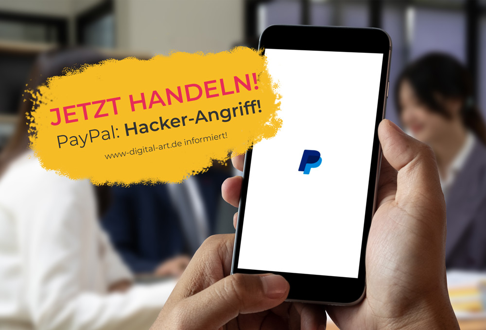 Bild zeigt ein Handy mit Paypal Display und einem Warnungstext daneben