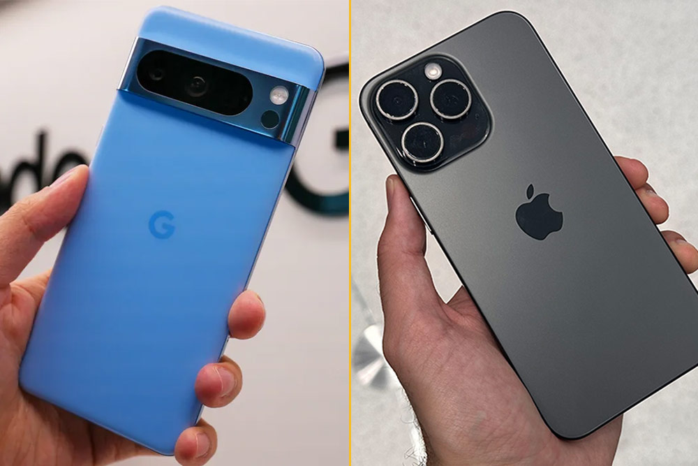 Das Bild zeigt zwei Smartphones nebeneinander: Auf der linken Seite ein blaues Google Pixel Pro 8 und auf der rechten Seite ein graues iPhone 15 Pro Max.